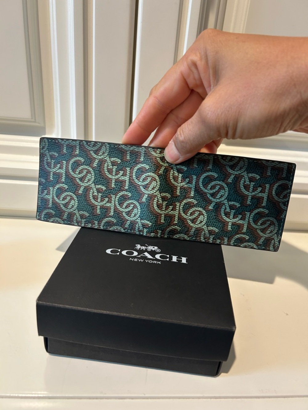 Coach Men's Bi-Fold Card Holder in Teal and Brown Signature Print - Picture 3 of 3